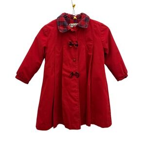 Rothschild Red Pleated Bow Coat Girls Size 5 Fur Lined Plaid Collar Princess VTG
